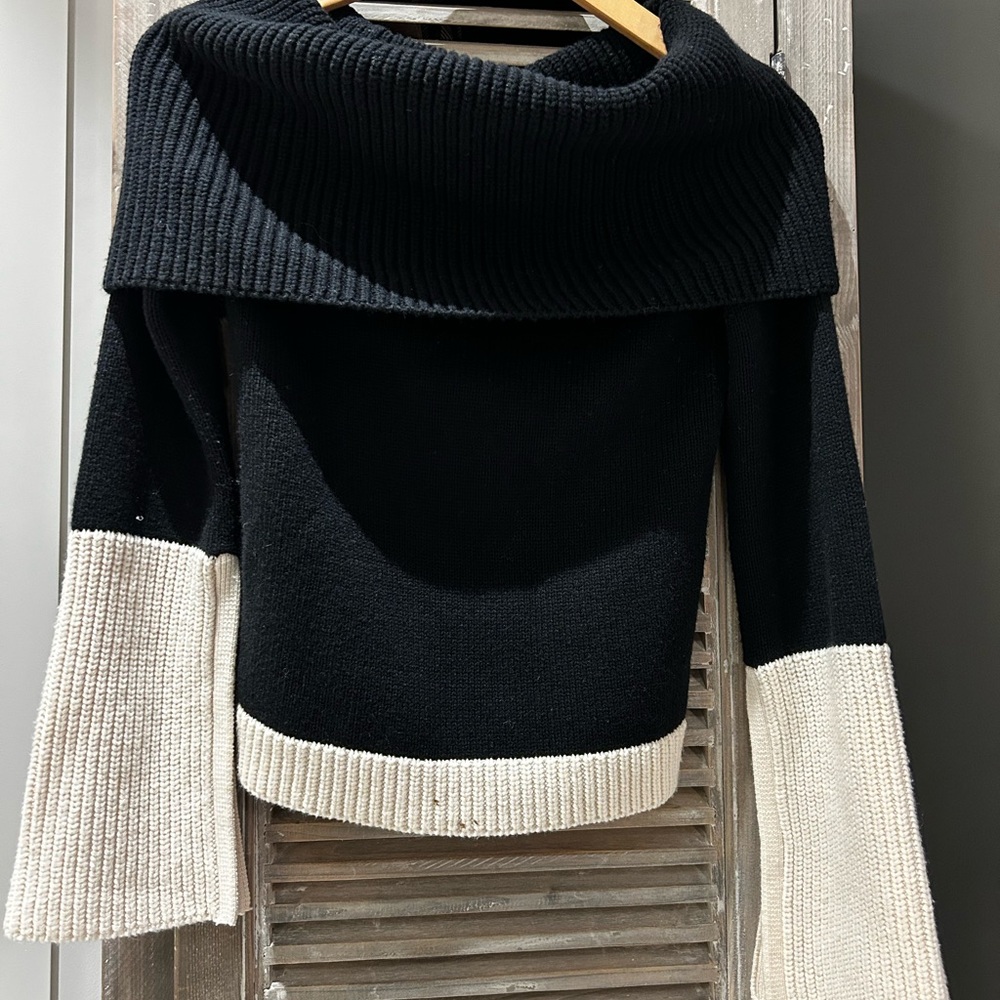 INTERMIX Black and Cream Off-the-Shoulder Sweater